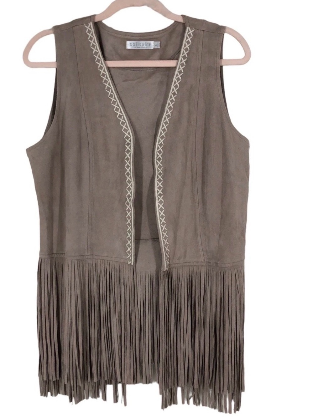 Solitaire Taupe Fringe Faux Suede Vest with Embroidered Trim